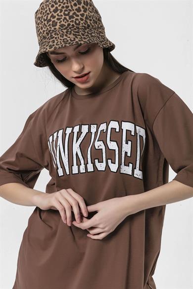 Kadın Önü Baskılı Bisiklet Yaka Oversize T-Shirt