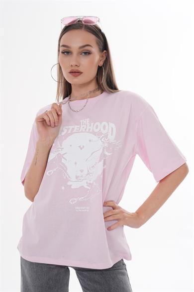 Kadın Önü Baskılı Bisiklet Yaka Oversize Tişört 260384 -
