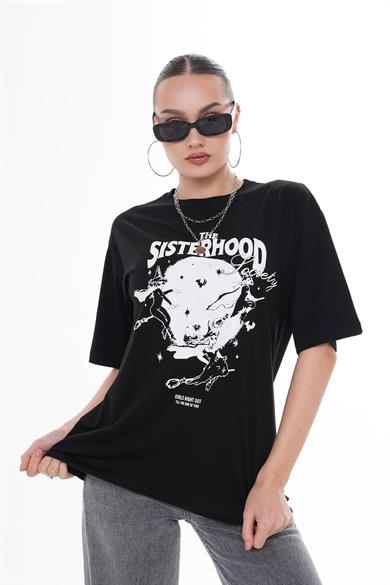 Kadın Önü Baskılı Bisiklet Yaka Oversize Tişört 260384 -