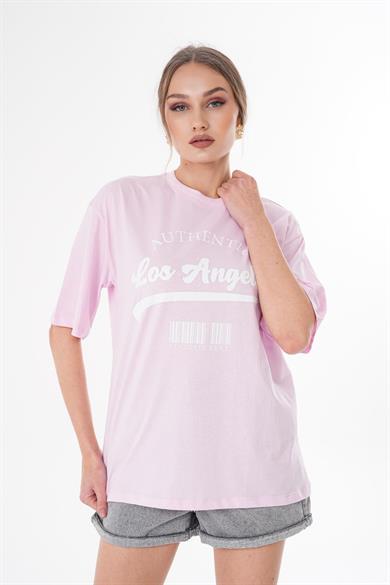 Kadın Önü Baskılı Bisiklet Yaka Oversize Tişört 260387 -