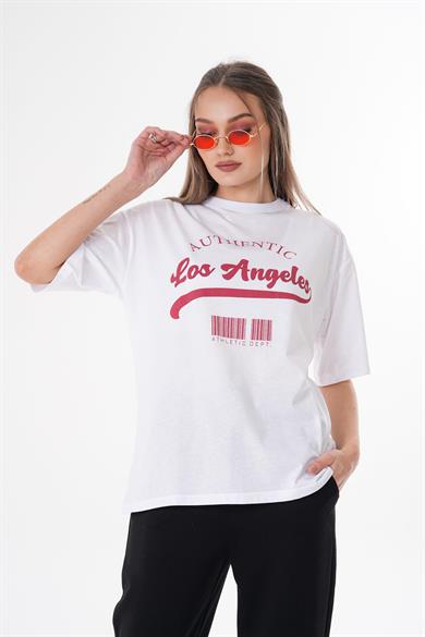 Kadın Önü Baskılı Bisiklet Yaka Oversize Tişört 260387 -