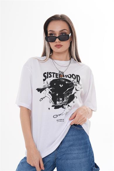 Kadın Önü Baskılı Bisiklet Yaka Oversize Tişört 260384 -