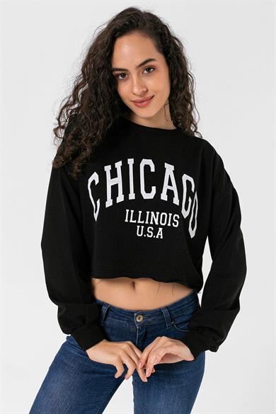 Kadın Önü Baskılı Bisiklet Yaka Sweatshirt