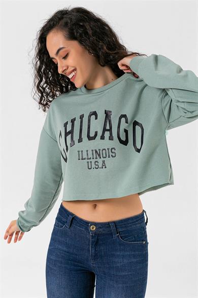 Kadın Önü Baskılı Bisiklet Yaka Sweatshirt