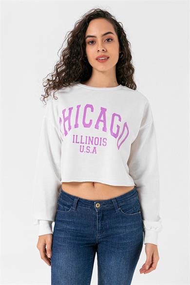 Kadın Önü Baskılı Bisiklet Yaka Sweatshirt