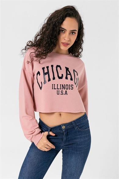 Kadın Önü Baskılı Bisiklet Yaka Sweatshirt