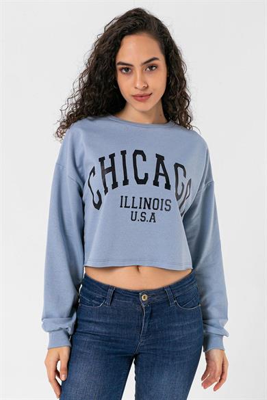 Kadın Önü Baskılı Bisiklet Yaka Sweatshirt