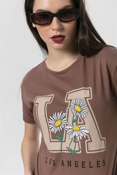 Kadın Önü Baskılı Bisiklet Yaka T-Shirt