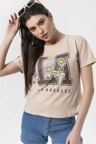 Kadın Önü Baskılı Bisiklet Yaka T-Shirt