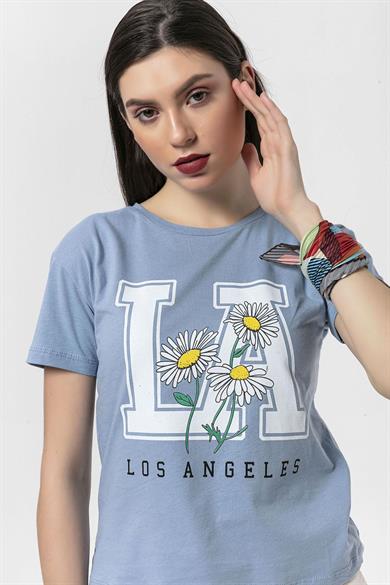 Kadın Önü Baskılı Bisiklet Yaka T-Shirt