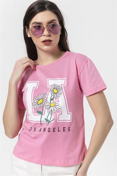 Kadın Önü Baskılı Bisiklet Yaka T-Shirt