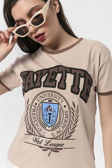 Kadın Önü Baskılı Bisiklet Yaka T-Shirt