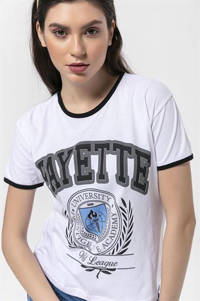 Kadın Önü Baskılı Bisiklet Yaka T-Shirt