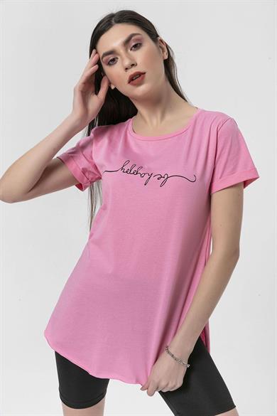 Kadın Önü Baskılı Bisiklet Yaka Yırtmaçlı T-Shirt