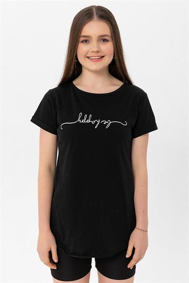 Kadın Önü Baskılı Bisiklet Yaka Yırtmaçlı T-Shirt