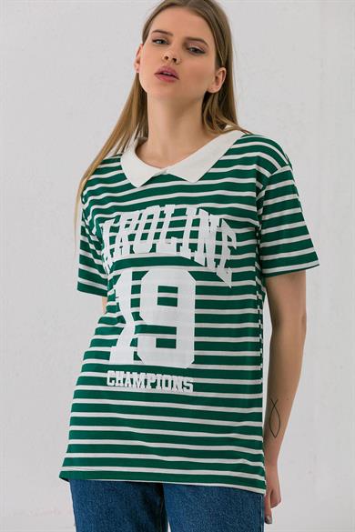 Kadın Önü Baskılı Çizgili Yaka Detaylı T-shirt
