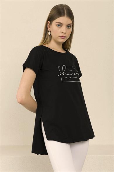 Kadın Önü Baskılı Duble Kol Arkası Uzun T-Shirt