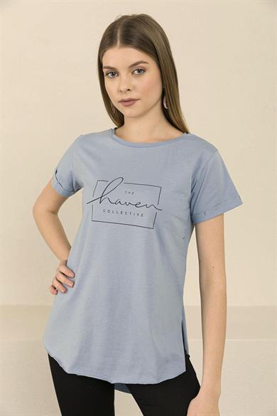 Kadın Önü Baskılı Duble Kol Arkası Uzun T-Shirt