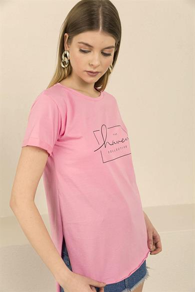 Kadın Önü Baskılı Duble Kol Arkası Uzun T-Shirt