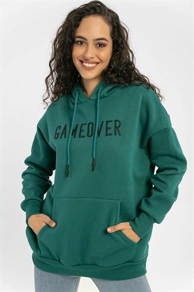 Kadın Önü Baskılı Kanguru Cepli Kapüşonlu Sweatshirt
