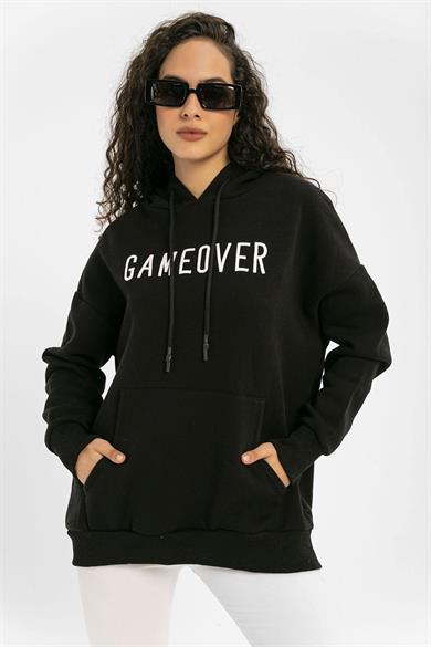Kadın Önü Baskılı Kanguru Cepli Kapüşonlu Sweatshirt