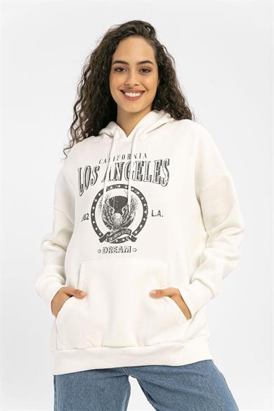 Kadın Önü Baskılı Kapüşonlu Kanguru Cepli Üç İplik Sweatshirt