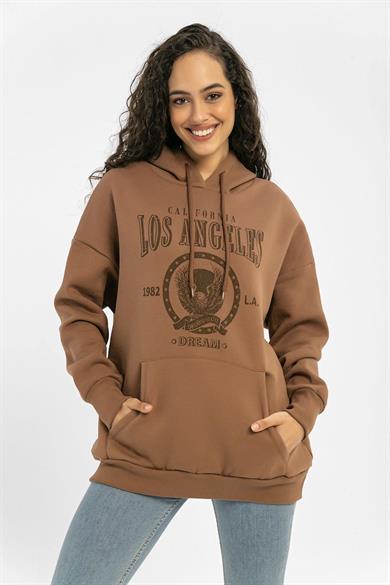 Kadın Önü Baskılı Kapüşonlu Kanguru Cepli Üç İplik Sweatshirt