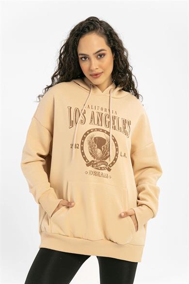 Kadın Önü Baskılı Kapüşonlu Kanguru Cepli Üç İplik Sweatshirt