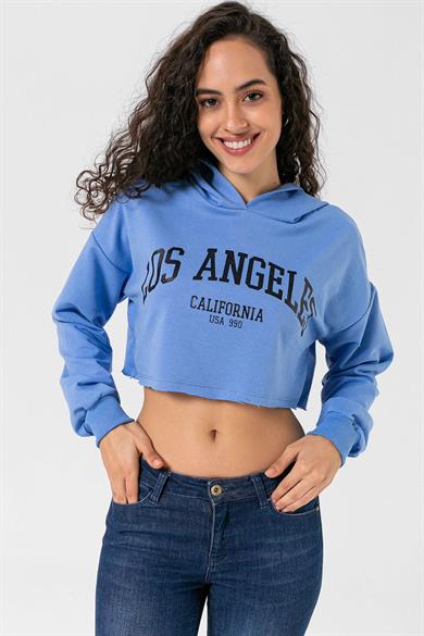Kadın Önü Baskılı Kapüşonlu Kısa Sweatshirt
