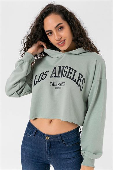 Kadın Önü Baskılı Kapüşonlu Kısa Sweatshirt