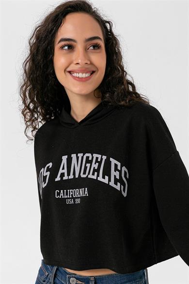 Kadın Önü Baskılı Kapüşonlu Kısa Sweatshirt