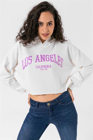 Kadın Önü Baskılı Kapüşonlu Kısa Sweatshirt