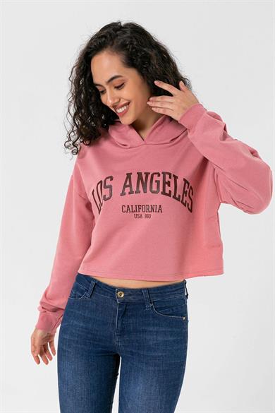 Kadın Önü Baskılı Kapüşonlu Kısa Sweatshirt