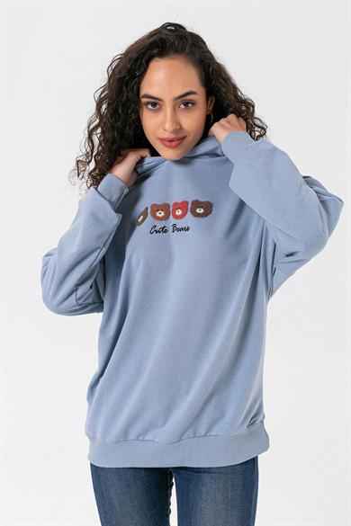 Kadın Önü Baskılı Kapüşonlu Oversize Sweatshirt