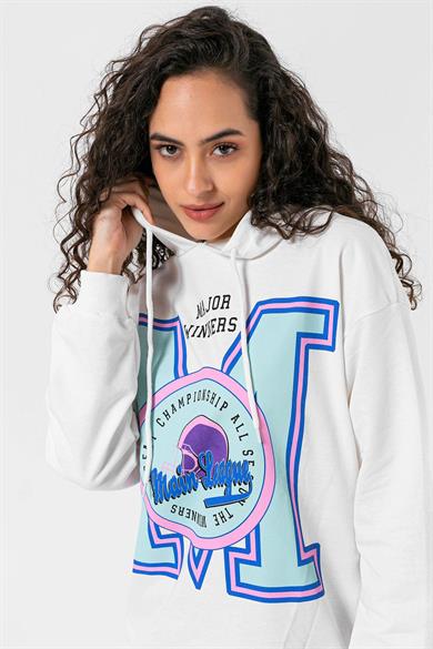 Kadın Önü Baskılı Kapüşonlu Oversize Sweatshirt