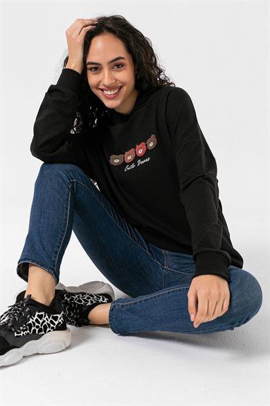 Kadın Önü Baskılı Kapüşonlu Oversize Sweatshirt