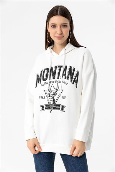 Kadın Önü Baskılı Kapüşonlu Üç İplik Sweatshirt 235019 -