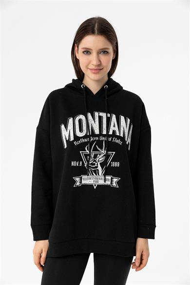 Kadın Önü Baskılı Kapüşonlu Üç İplik Sweatshirt 235019 -