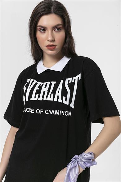 Kadın Önü Baskılı Yaka Detaylı Oversize T-Shirt