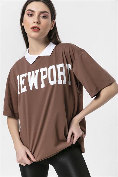 Kadın Önü Baskılı Yaka Detaylı Oversize T-Shirt
