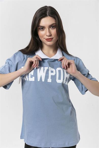 Kadın Önü Baskılı Yaka Detaylı Oversize T-Shirt