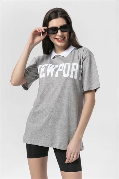 Kadın Önü Baskılı Yaka Detaylı Oversize T-Shirt