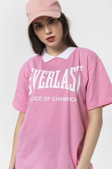 Kadın Önü Baskılı Yaka Detaylı Oversize T-Shirt