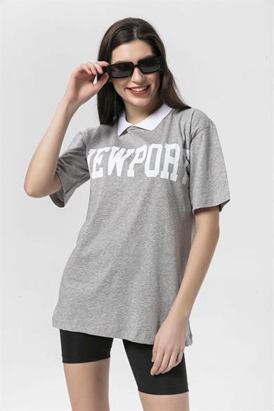Kadın Önü Baskılı Yaka Detaylı Oversize T-Shirt