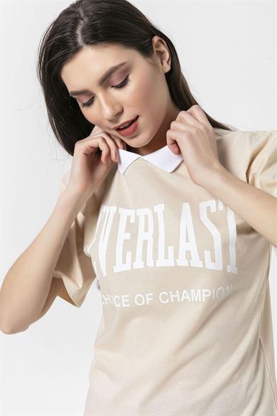 Kadın Önü Baskılı Yaka Detaylı Oversize T-Shirt