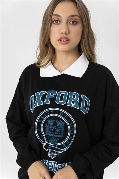 Kadın Önü Baskılı Yakalı Oversize Sweatshirt