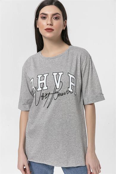 Kadın Önü Baskılı Yan Yırtmaç Detaylı Oversize T-Shirt