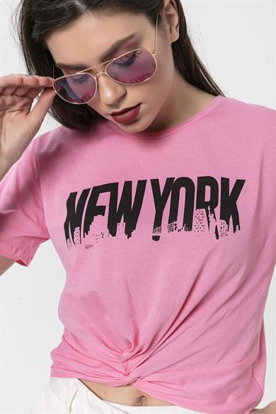 Kadın Önü Büzgü Detaylı Baskılı T-Shirt
