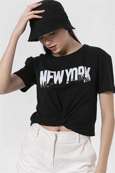 Kadın Önü Büzgü Detaylı Baskılı T-Shirt