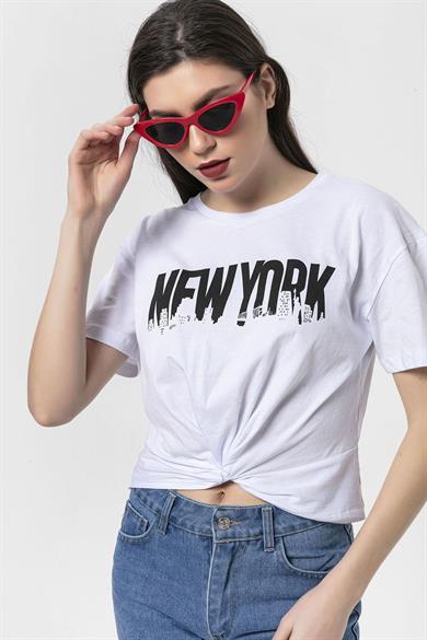 Kadın Önü Büzgü Detaylı Baskılı T-Shirt